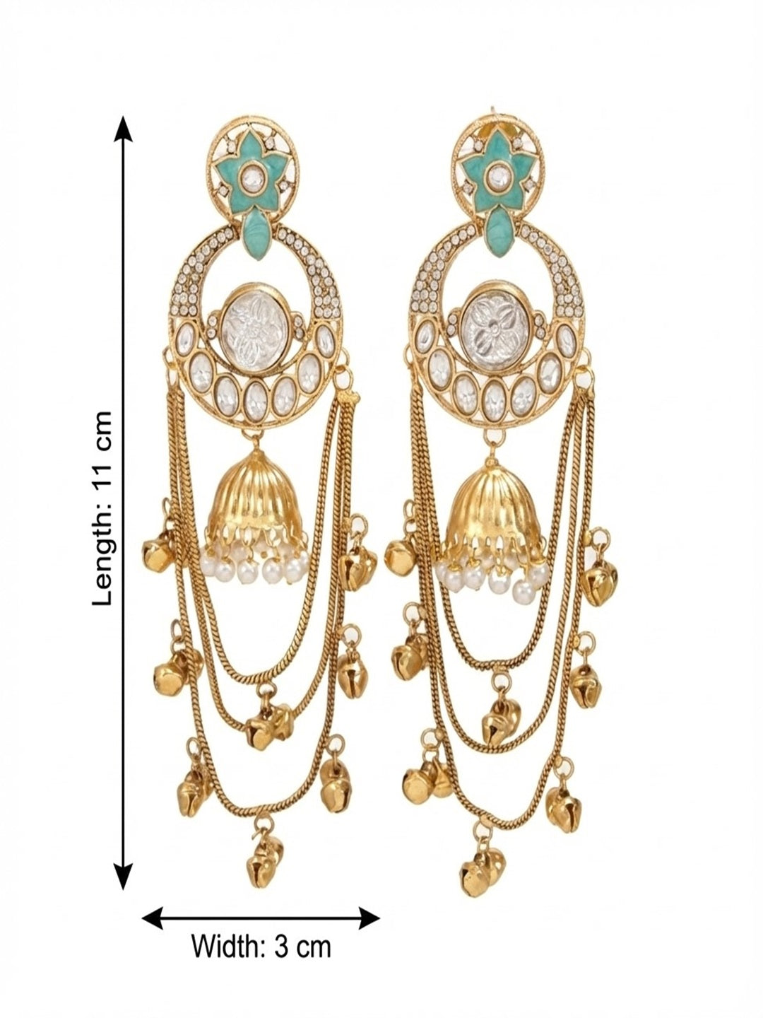 Royal Kashmiri Inspired Gold-Plated Earrings with Kundan and Ghungroo Drops