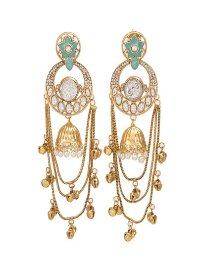Royal Kashmiri Inspired Gold-Plated Earrings with Kundan and Ghungroo Drops
