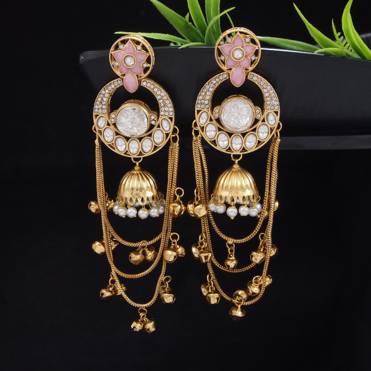 Royal Kashmiri Inspired Gold-Plated Earrings with Kundan and Ghungroo Drops