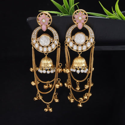 Royal Kashmiri Inspired Gold-Plated Earrings with Kundan and Ghungroo Drops