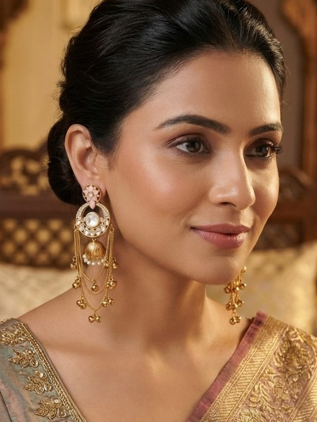 Royal Kashmiri Inspired Gold-Plated Earrings with Kundan and Ghungroo Drops