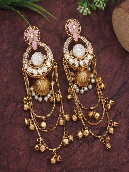 Royal Kashmiri Inspired Gold-Plated Earrings with Kundan and Ghungroo Drops