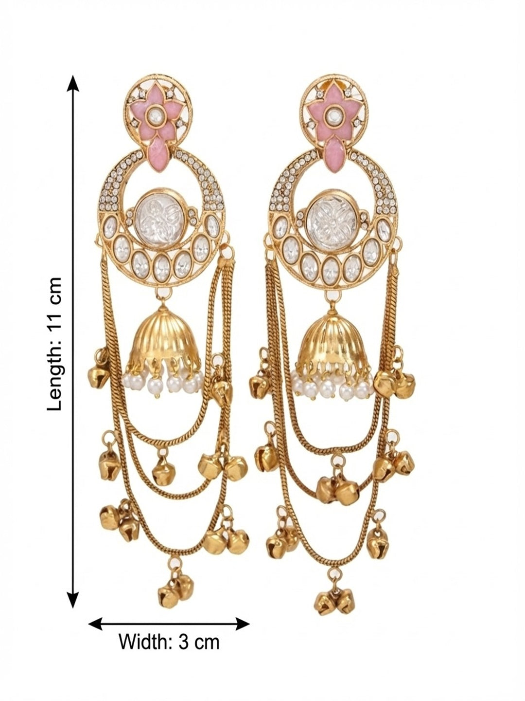 Royal Kashmiri Inspired Gold-Plated Earrings with Kundan and Ghungroo Drops