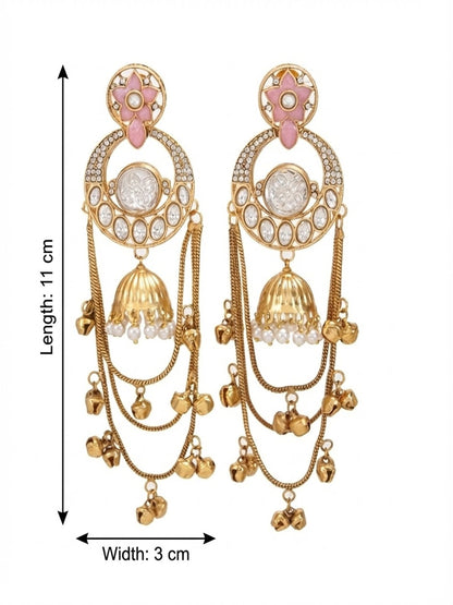 Royal Kashmiri Inspired Gold-Plated Earrings with Kundan and Ghungroo Drops