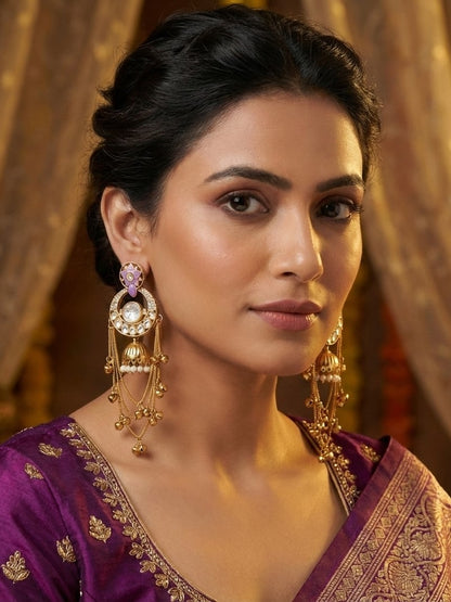 Royal Kashmiri Inspired Gold-Plated Earrings with Kundan and Ghungroo Drops