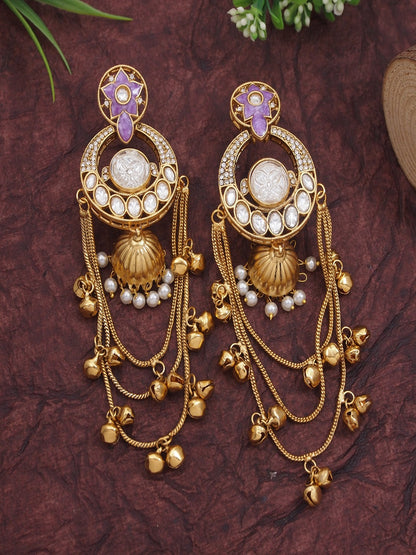 Royal Kashmiri Inspired Gold-Plated Earrings with Kundan and Ghungroo Drops