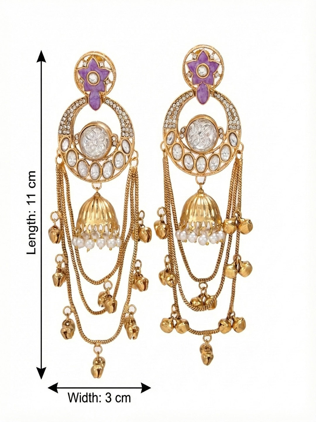 Royal Kashmiri Inspired Gold-Plated Earrings with Kundan and Ghungroo Drops