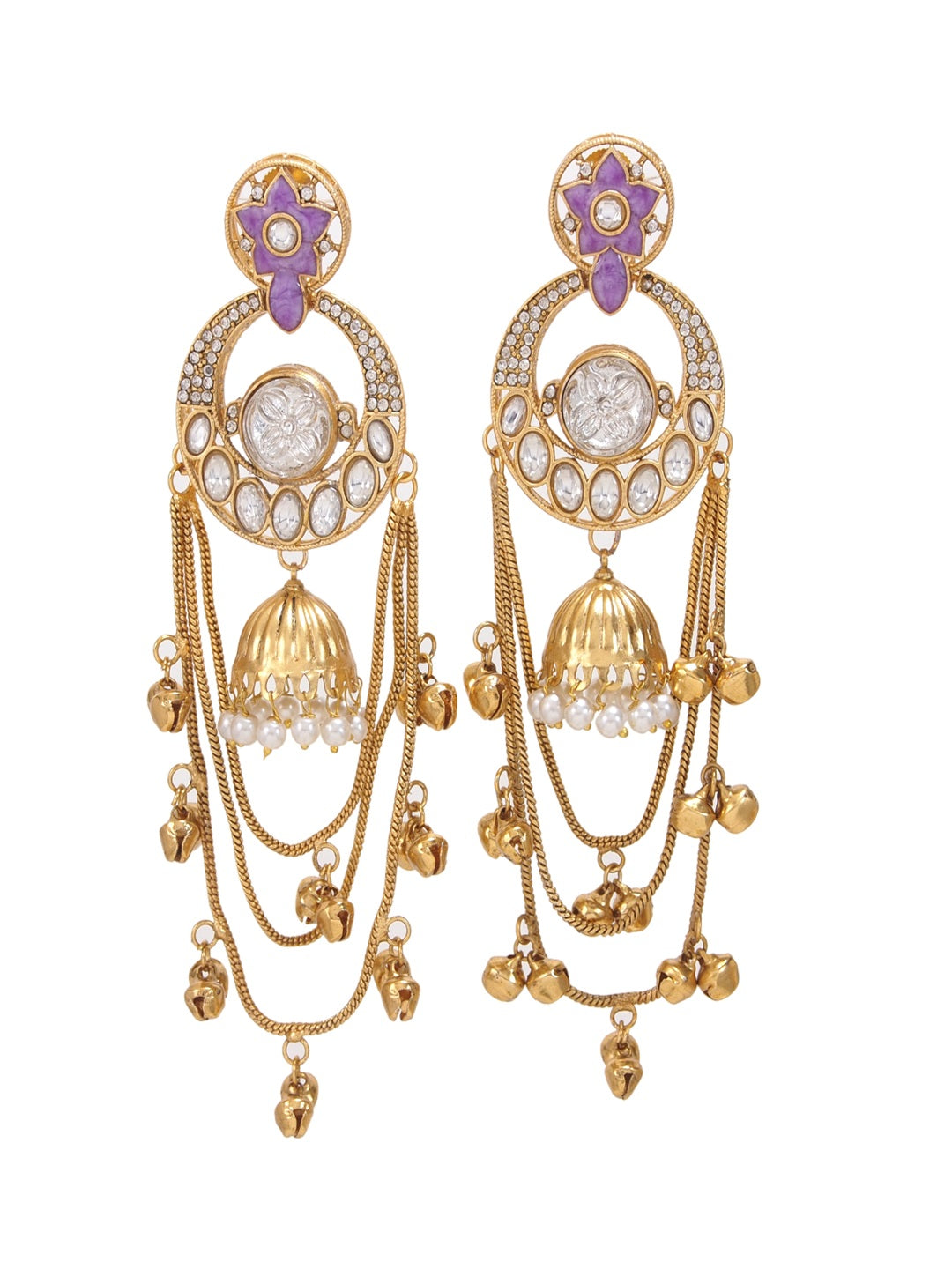 Royal Kashmiri Inspired Gold-Plated Earrings with Kundan and Ghungroo Drops