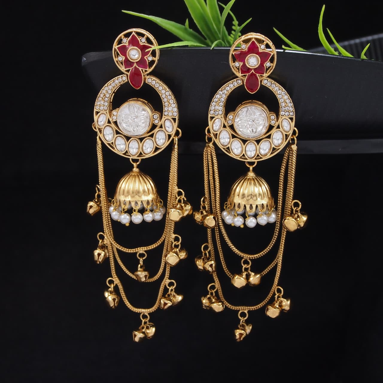 Royal Kashmiri Inspired Gold-Plated Earrings with Kundan and Ghungroo Drops