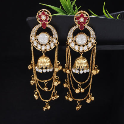 Royal Kashmiri Inspired Gold-Plated Earrings with Kundan and Ghungroo Drops
