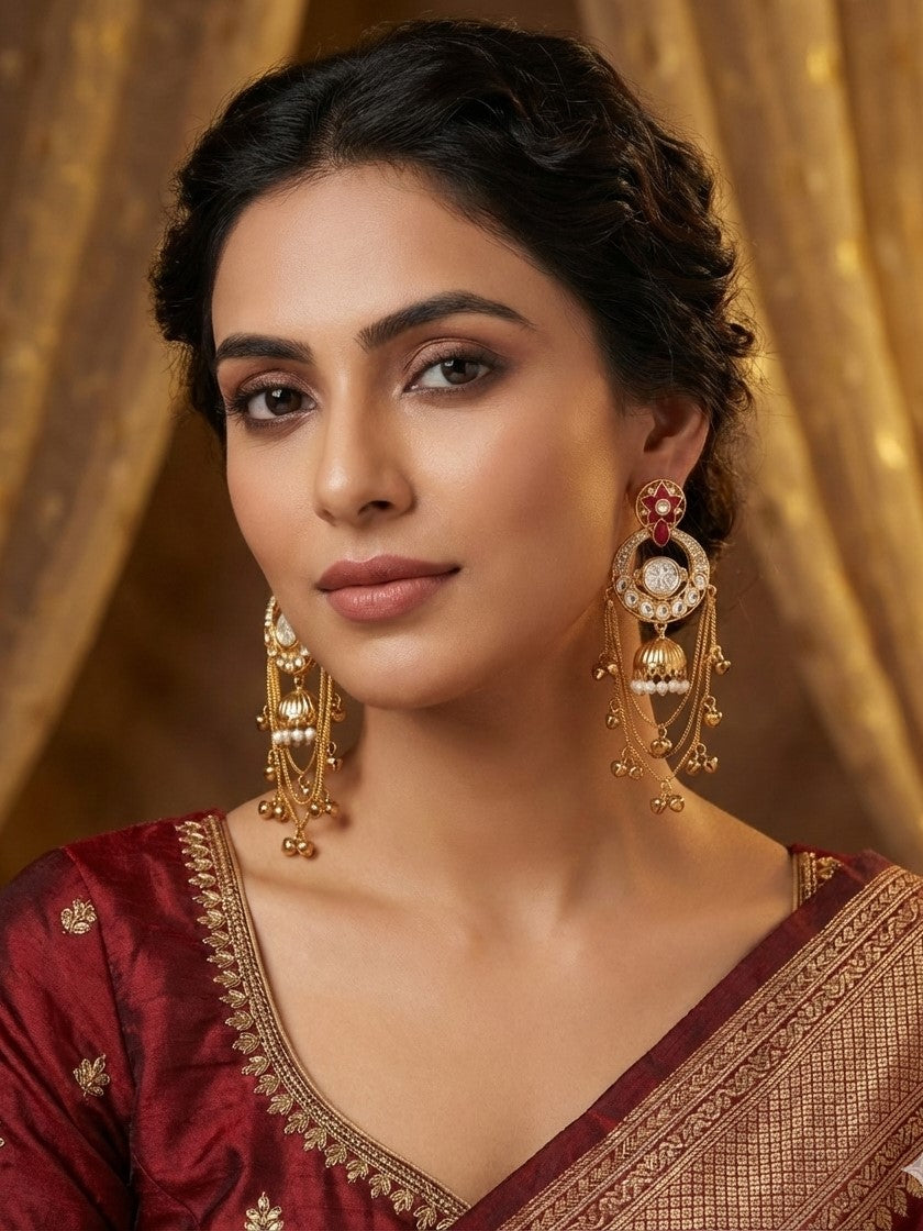 Royal Kashmiri Inspired Gold-Plated Earrings with Kundan and Ghungroo Drops