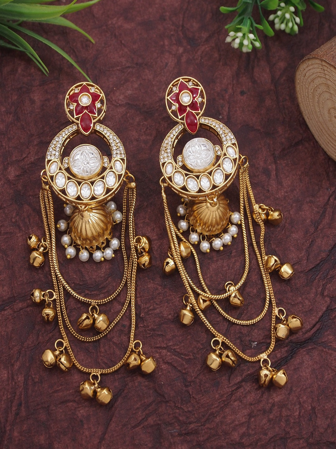Royal Kashmiri Inspired Gold-Plated Earrings with Kundan and Ghungroo Drops