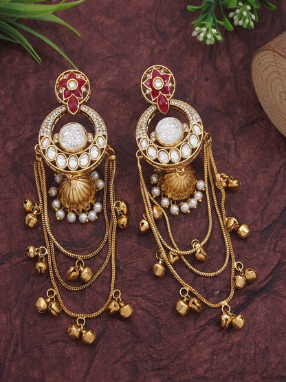 Royal Kashmiri Inspired Gold-Plated Earrings with Kundan and Ghungroo Drops