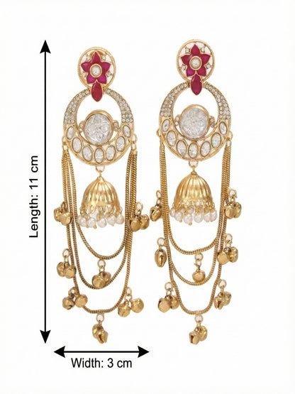 Royal Kashmiri Inspired Gold-Plated Earrings with Kundan and Ghungroo Drops
