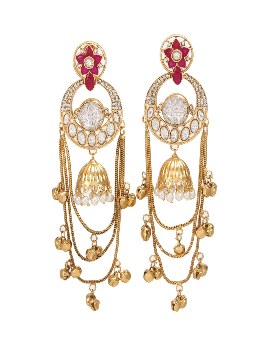 Royal Kashmiri Inspired Gold-Plated Earrings with Kundan and Ghungroo Drops