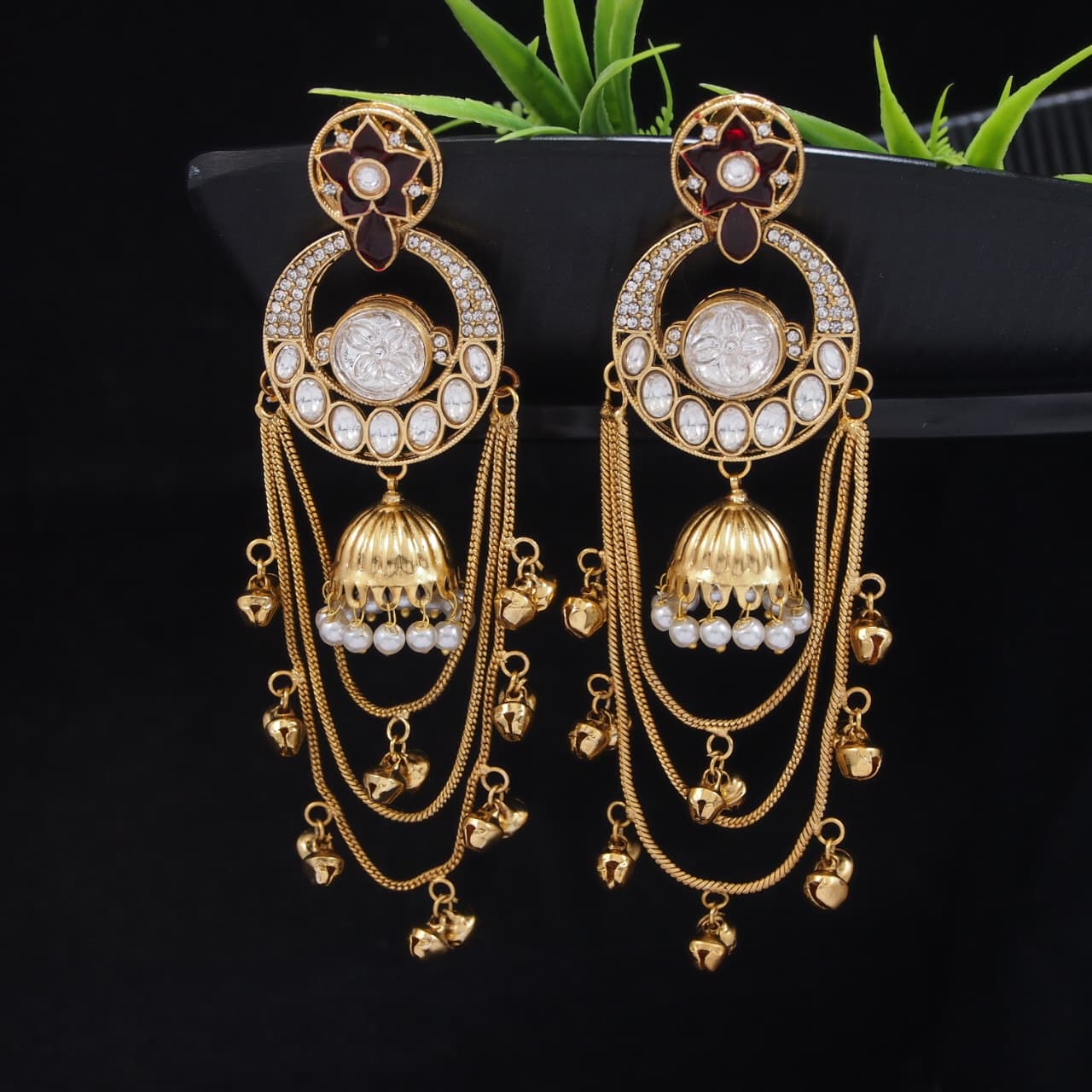 Royal Kashmiri Inspired Gold-Plated Earrings with Kundan and Ghungroo Drops