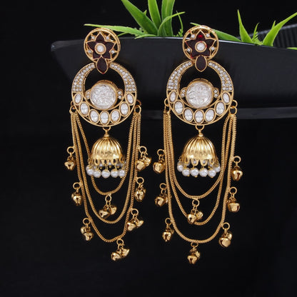 Royal Kashmiri Inspired Gold-Plated Earrings with Kundan and Ghungroo Drops