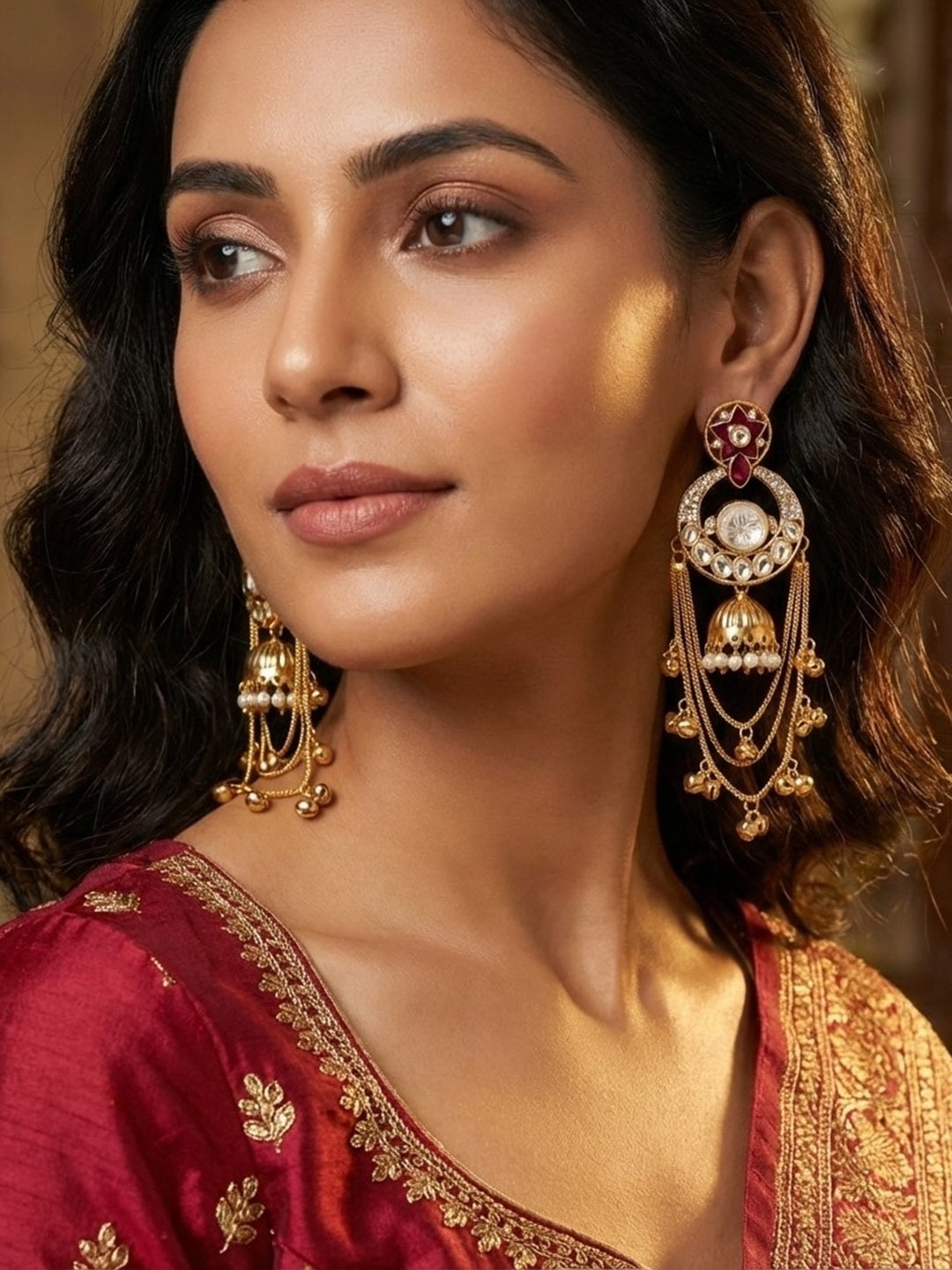 Royal Kashmiri Inspired Gold-Plated Earrings with Kundan and Ghungroo Drops