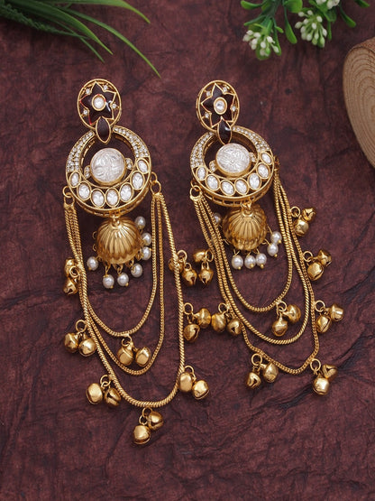 Royal Kashmiri Inspired Gold-Plated Earrings with Kundan and Ghungroo Drops
