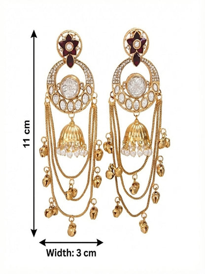 Royal Kashmiri Inspired Gold-Plated Earrings with Kundan and Ghungroo Drops