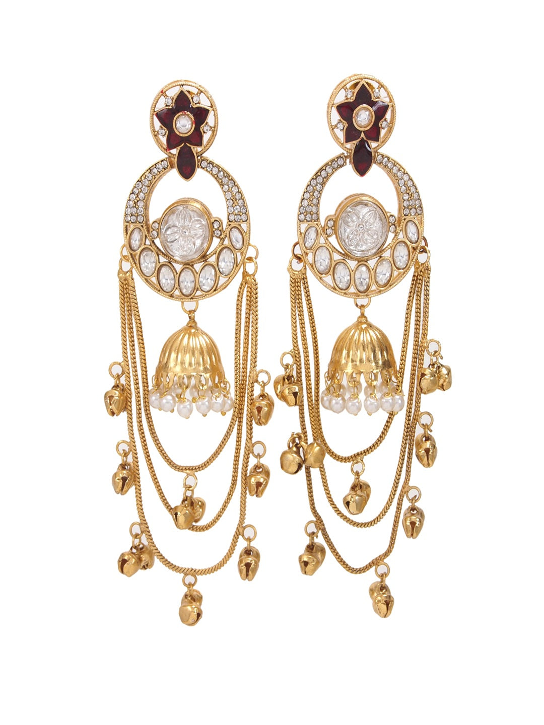 Royal Kashmiri Inspired Gold-Plated Earrings with Kundan and Ghungroo Drops