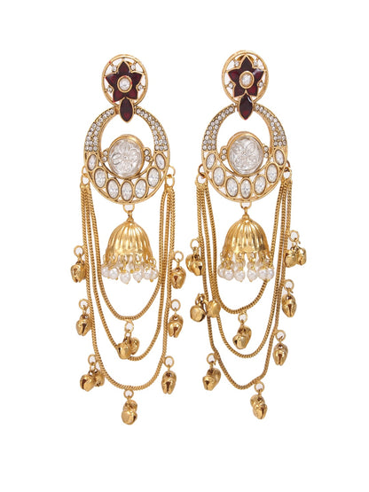 Royal Kashmiri Inspired Gold-Plated Earrings with Kundan and Ghungroo Drops