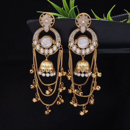Royal Kashmiri Inspired Gold-Plated Earrings with Kundan and Ghungroo Drops