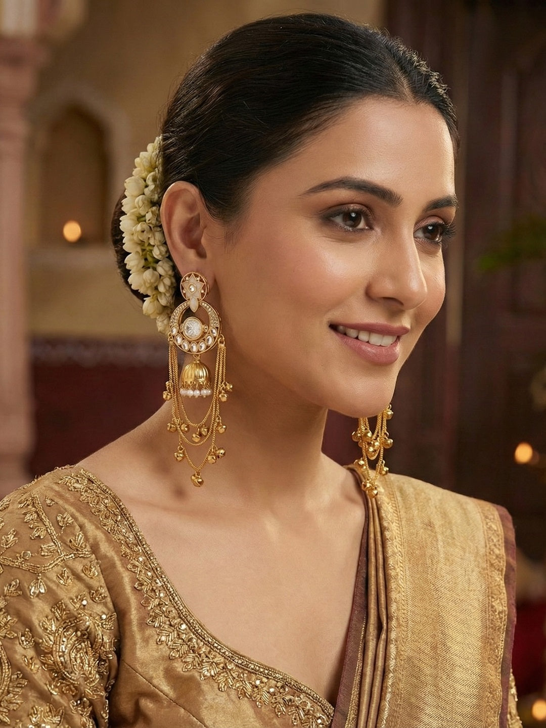 Royal Kashmiri Inspired Gold-Plated Earrings with Kundan and Ghungroo Drops