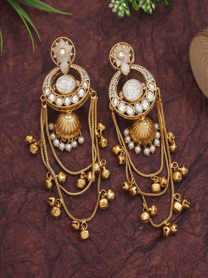 Royal Kashmiri Inspired Gold-Plated Earrings with Kundan and Ghungroo Drops