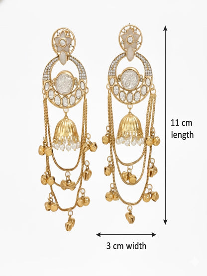 Royal Kashmiri Inspired Gold-Plated Earrings with Kundan and Ghungroo Drops
