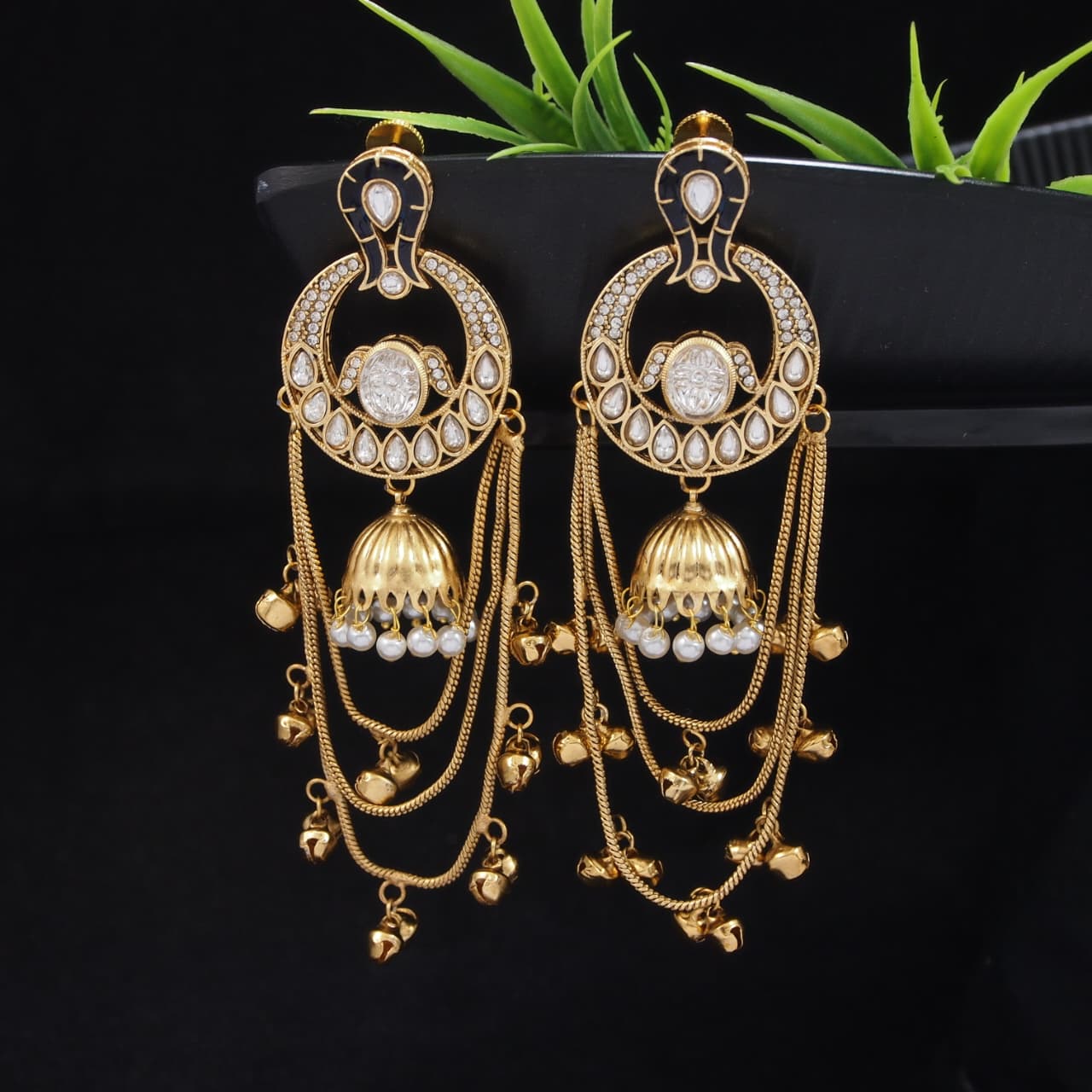 Traditional Gold-Plated Kashmiri Drop Earrings with Pearl Accents