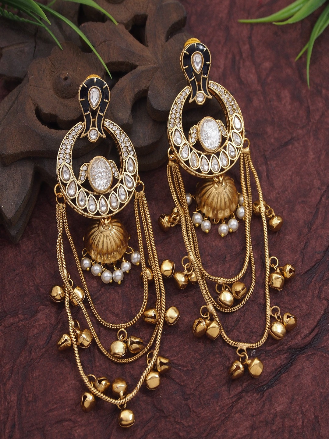 Traditional Gold-Plated Kashmiri Drop Earrings with Pearl Accents