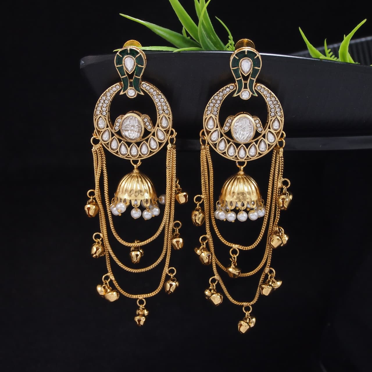 Traditional Gold-Plated Kashmiri Drop Earrings with Pearl Accents