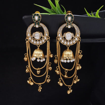 Traditional Gold-Plated Kashmiri Drop Earrings with Pearl Accents