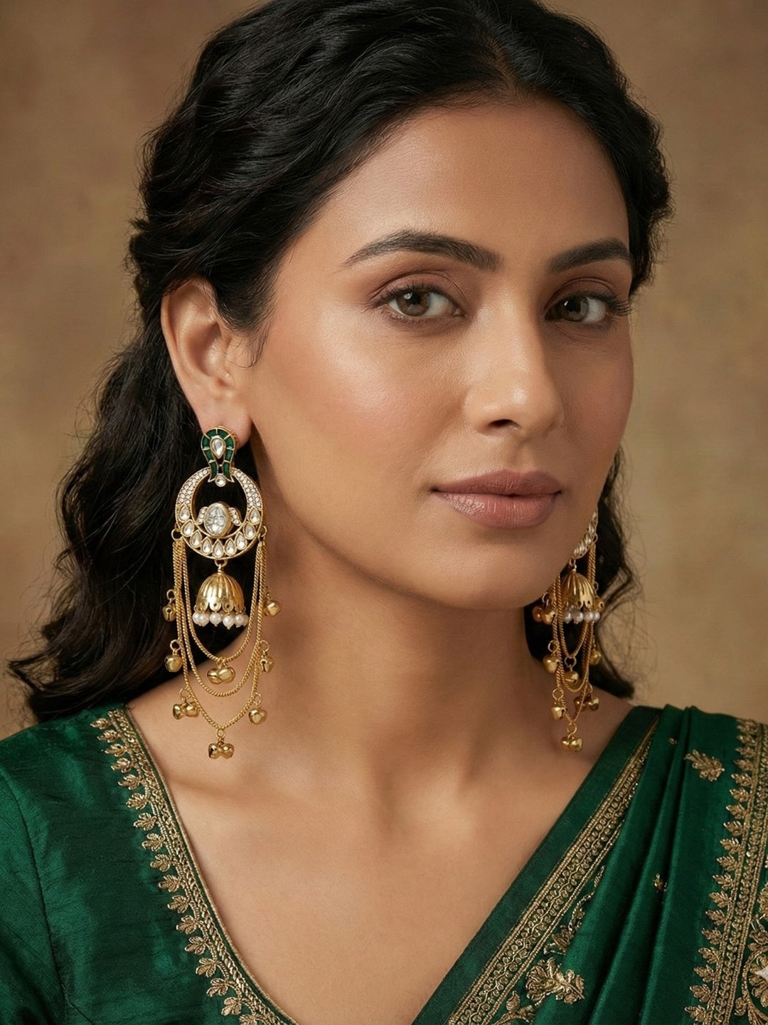 Traditional Gold-Plated Kashmiri Drop Earrings with Pearl Accents