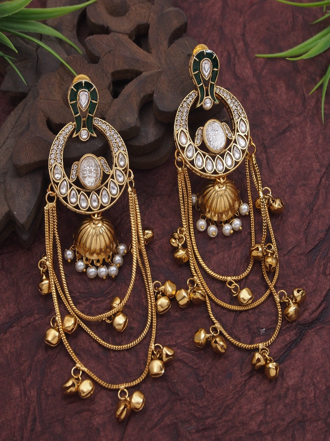 Traditional Gold-Plated Kashmiri Drop Earrings with Pearl Accents