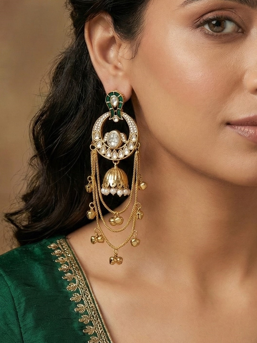Traditional Gold-Plated Kashmiri Drop Earrings with Pearl Accents
