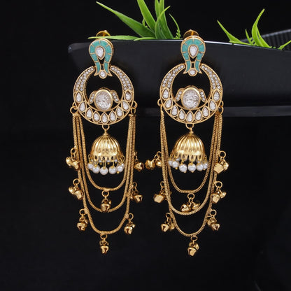 Traditional Gold-Plated Kashmiri Drop Earrings with Pearl Accents