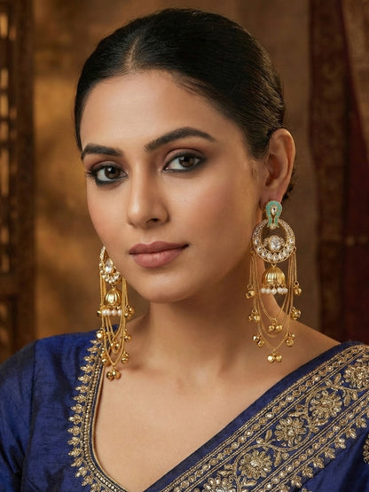 Traditional Gold-Plated Kashmiri Drop Earrings with Pearl Accents