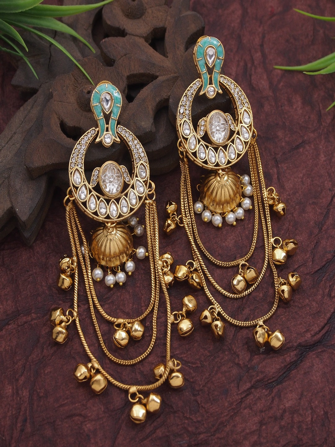 Traditional Gold-Plated Kashmiri Drop Earrings with Pearl Accents