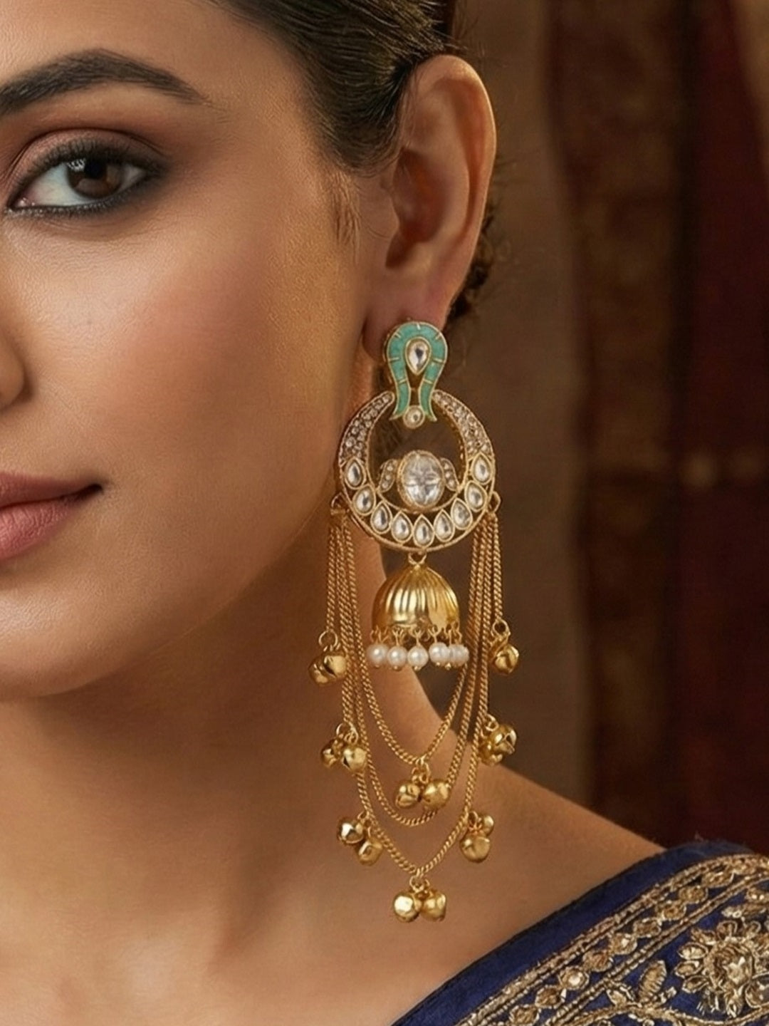 Traditional Gold-Plated Kashmiri Drop Earrings with Pearl Accents