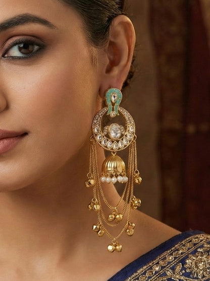 Traditional Gold-Plated Kashmiri Drop Earrings with Pearl Accents