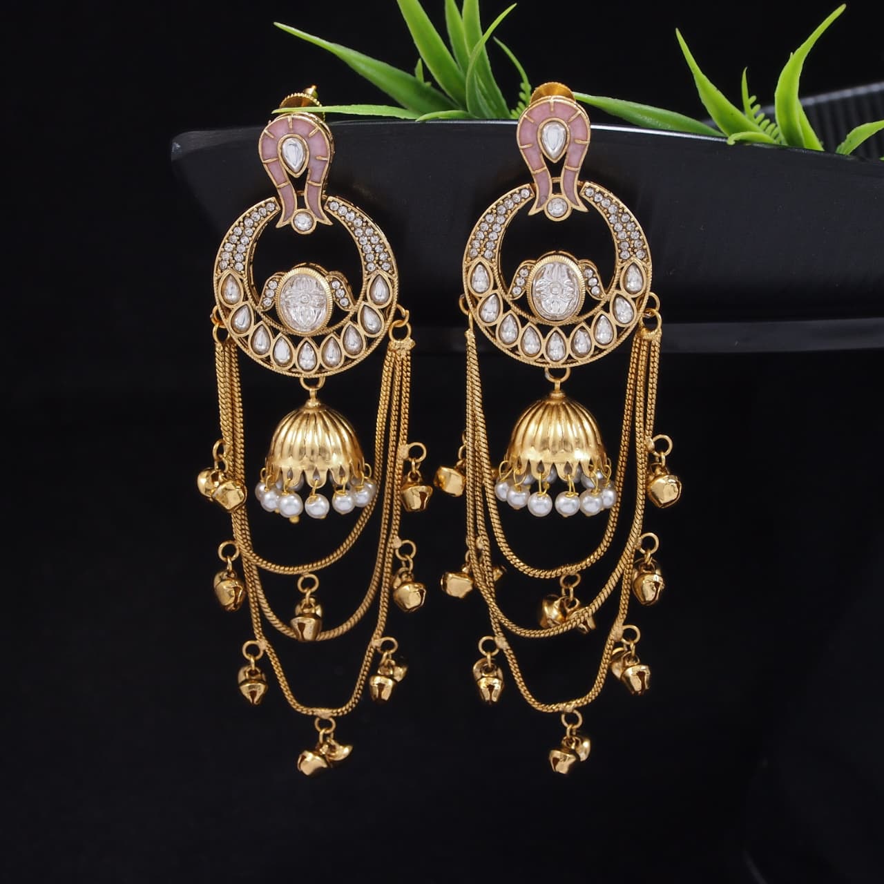 Traditional Gold-Plated Kashmiri Drop Earrings with Pearl Accents