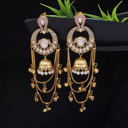Traditional Gold-Plated Kashmiri Drop Earrings with Pearl Accents