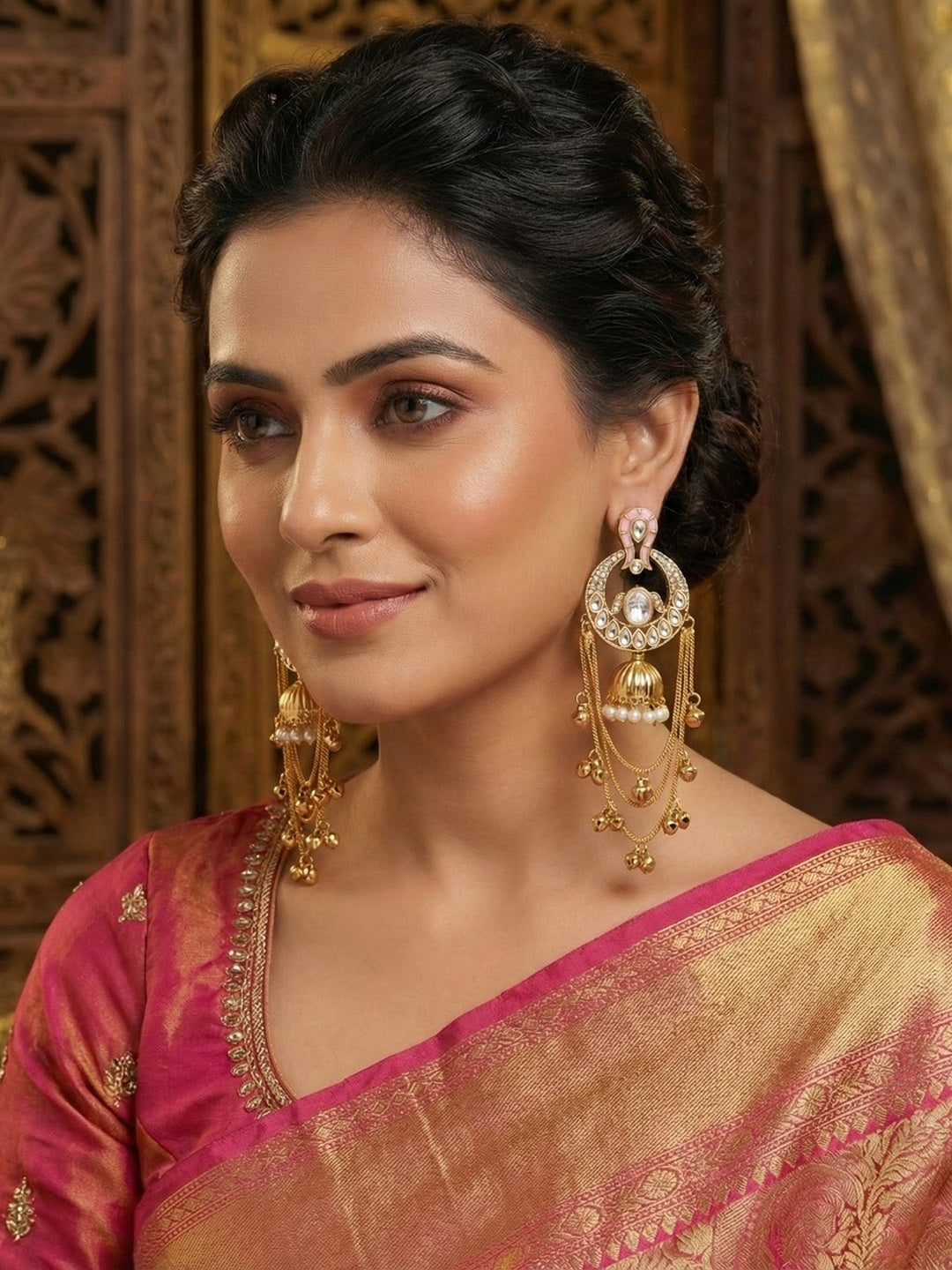 Traditional Gold-Plated Kashmiri Drop Earrings with Pearl Accents