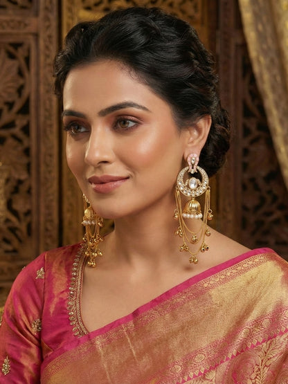 Traditional Gold-Plated Kashmiri Drop Earrings with Pearl Accents