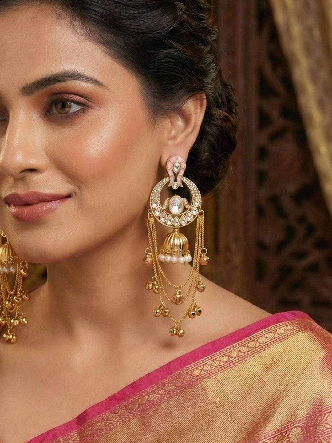 Traditional Gold-Plated Kashmiri Drop Earrings with Pearl Accents