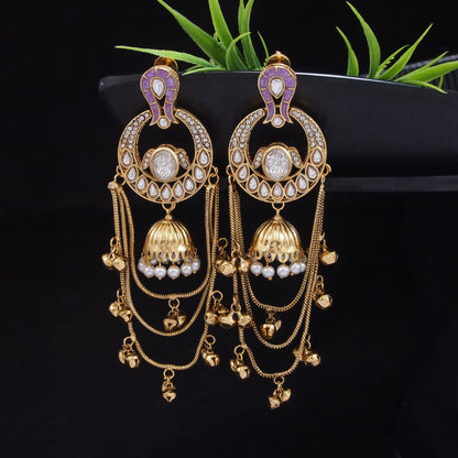Traditional Gold-Plated Kashmiri Drop Earrings with Pearl Accents