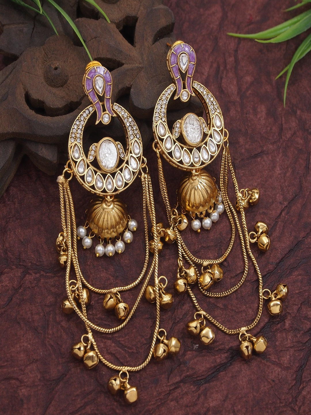 Traditional Gold-Plated Kashmiri Drop Earrings with Pearl Accents