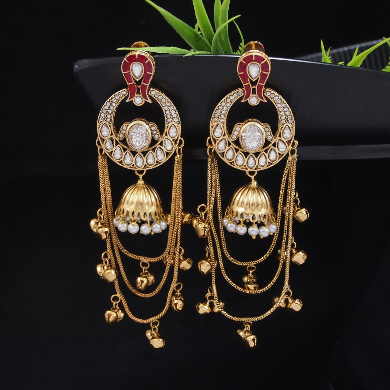 Traditional Gold-Plated Kashmiri Drop Earrings with Pearl Accents